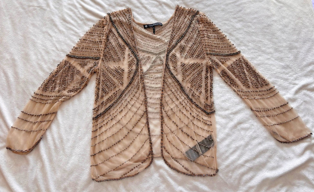 Beaded Mesh Top House of Harlow 1960 Nicole Richie XS Nude Champagne Art Deco